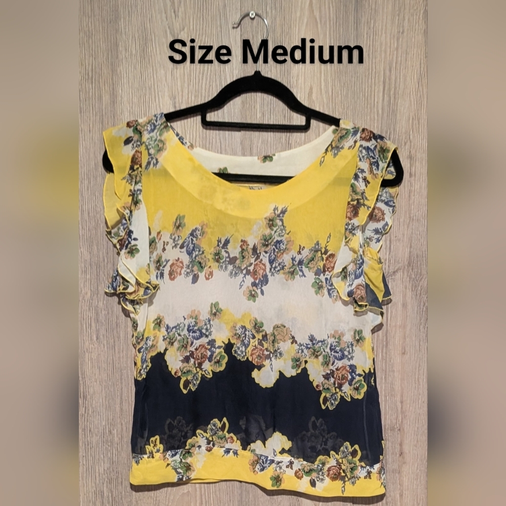 Floral Ruffle Sleeve Women's Top - Yellow and Blue